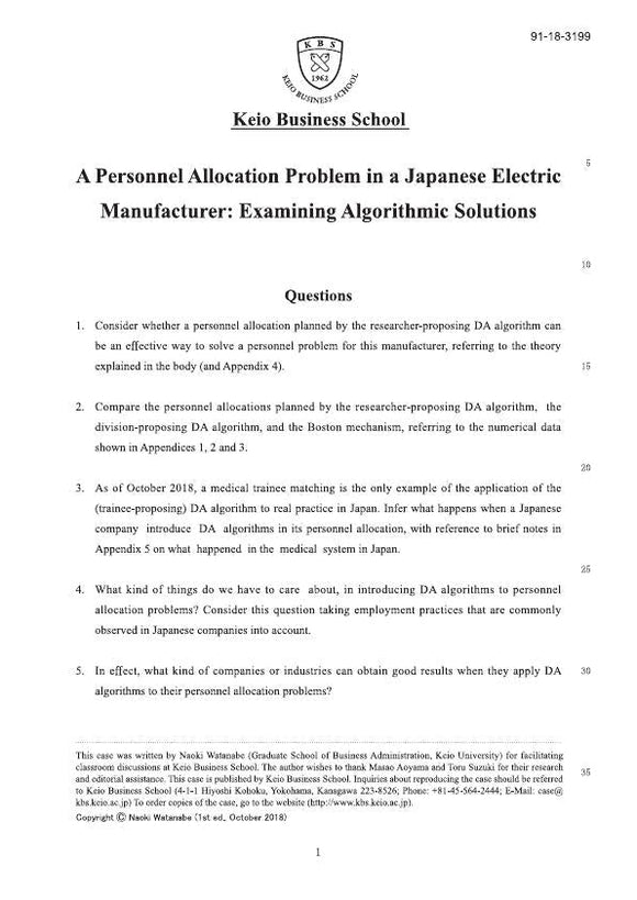 A Personnel Allocation Problem in a Japanese Electric Manufacturer: Examining Algorithmic Solutions