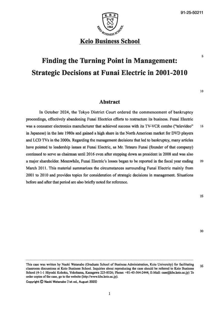Finding a Turning Point in Management: Strategic Decisions at Funai Electric in 2001-2010