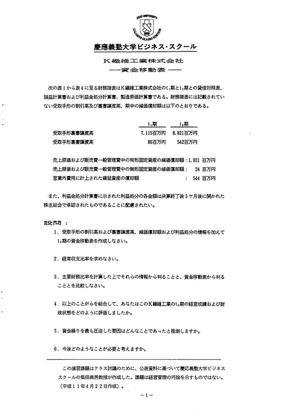 Ｋ繊維工業株式会社-資金移動表-