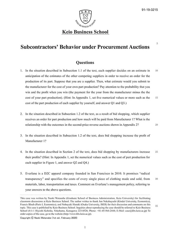 Subcontractors’Behavior under Procurement Auctions