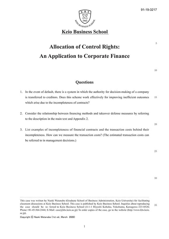 Allocation of Control Rights: An Application to Corporate Finance
